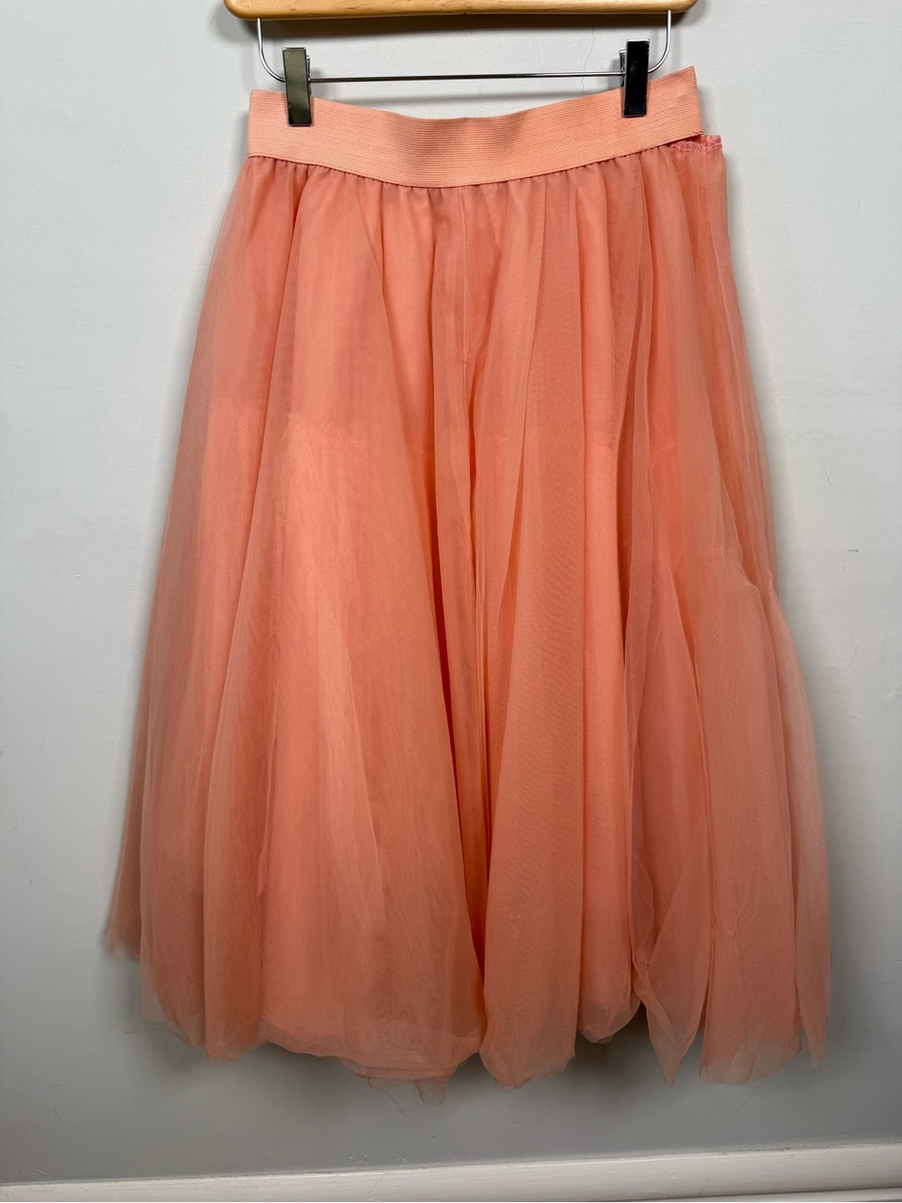 Wanna B Peach Tulle Midi Skirt Elastic Waist Layered Mesh Tutu